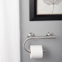 Image of the multi-purpose grab bar with toilet paper holder on a bathroom wall. thumbnail