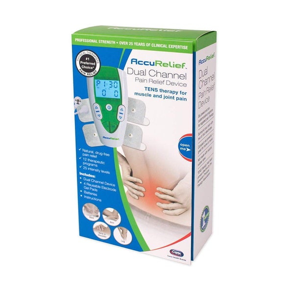 Image of the AccuRelief Dual Channel TENS Pain Relief System packaging.