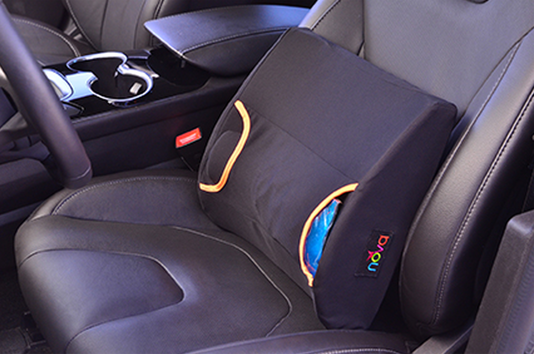Back Cushion with Hot/Cold Pack Car Image of the Back Cushion with Hot/Cold Pack in a car.