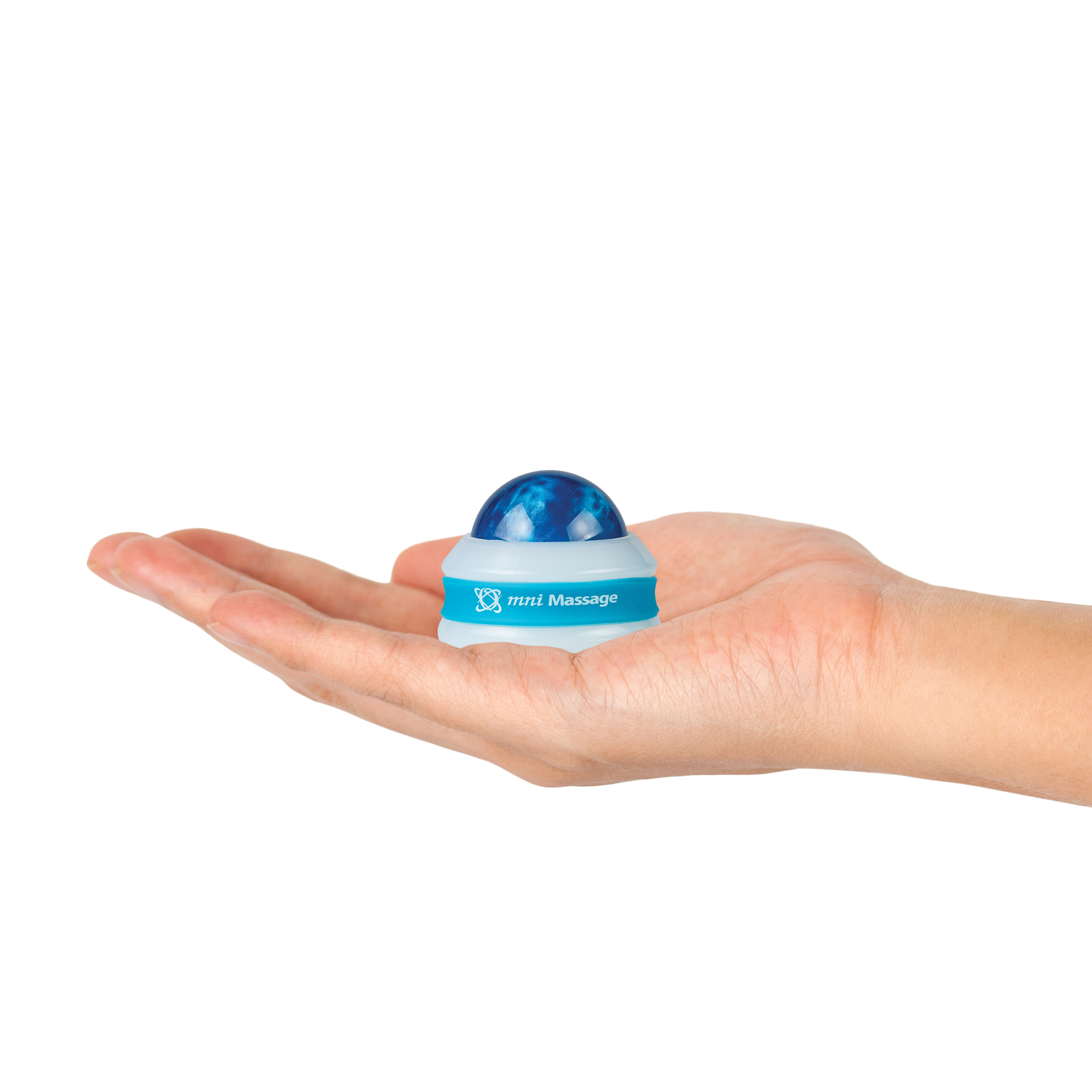 Image of the blue Core Products Omni Mini Roller in a person's hand.