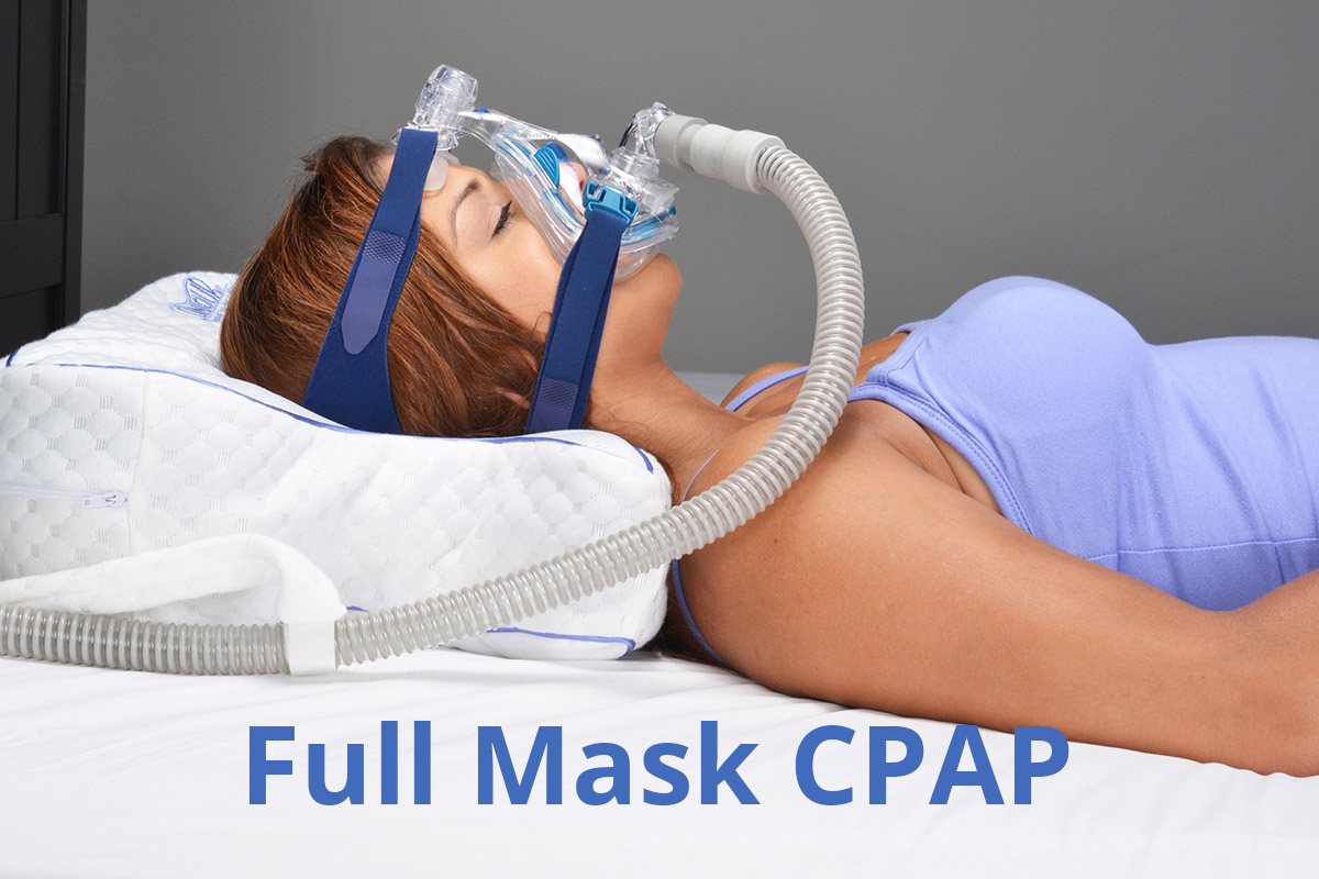 Image of a woman with a full face CPAP mask using the CPAPMax Pillow 2.0.