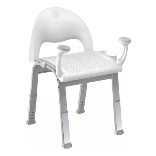 Mesh Tub and Shower Seat With Back Image of mesh tub and shower seat with a back to it.