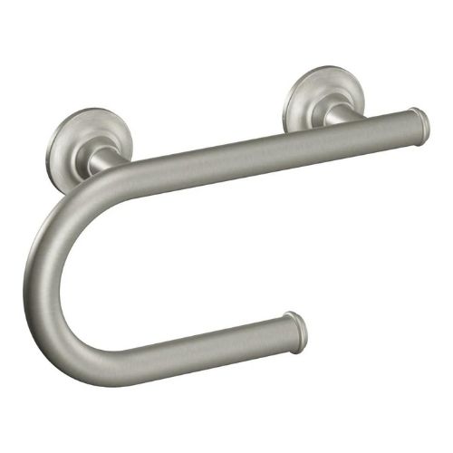 Image of the brushed nickel multi-purpose grab bar with toilet paper holder.