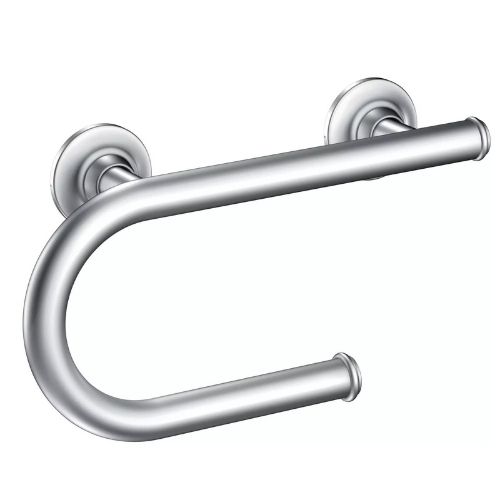 Image of chrome multi-purpose grab bar with toilet paper holder.