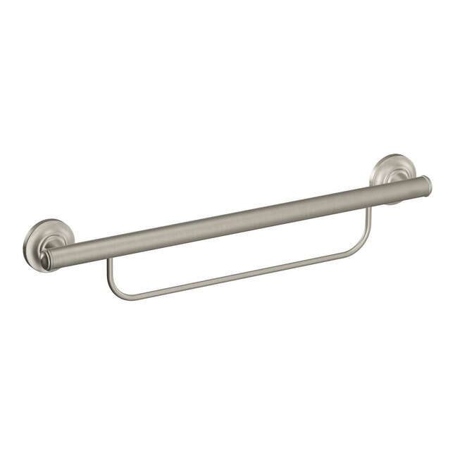Multi-Purpose Grab Bar with Towel Holder Brushed Nickel Image of the multi-purpose grab bar with towel holder.