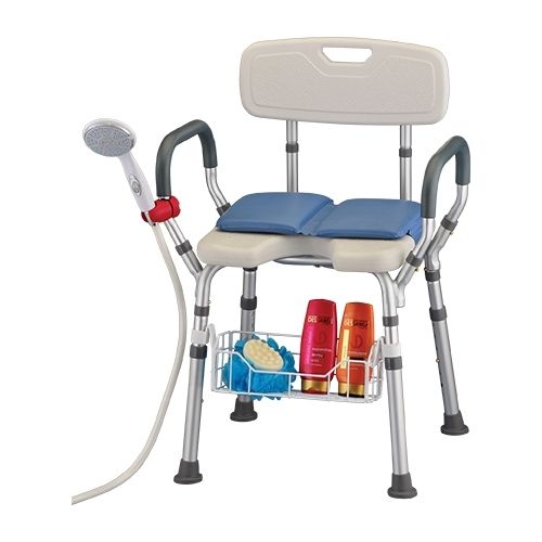 Image of the Nova Bath Seat with basket and other accessories filled in.