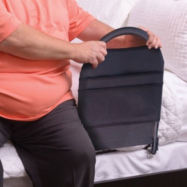 Image of the Bed Rail Advantage on a bed and the handle.