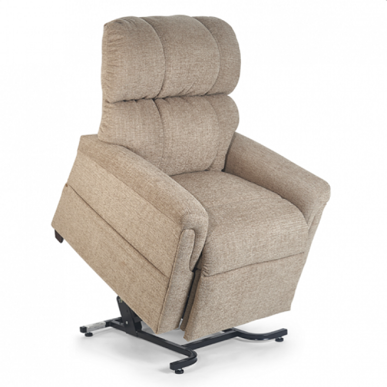 Image of the beige Comforter Power Lift Chair Recliner in Sandstorm lifted.