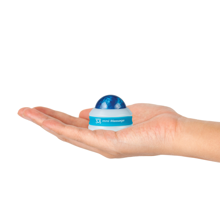 Image of the blue Core Products Omni Mini Roller in a person's hand.
