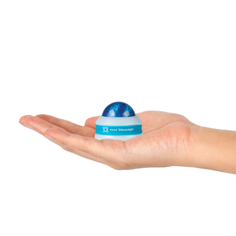 Image of the blue Core Products Omni Mini Roller in a person's hand.