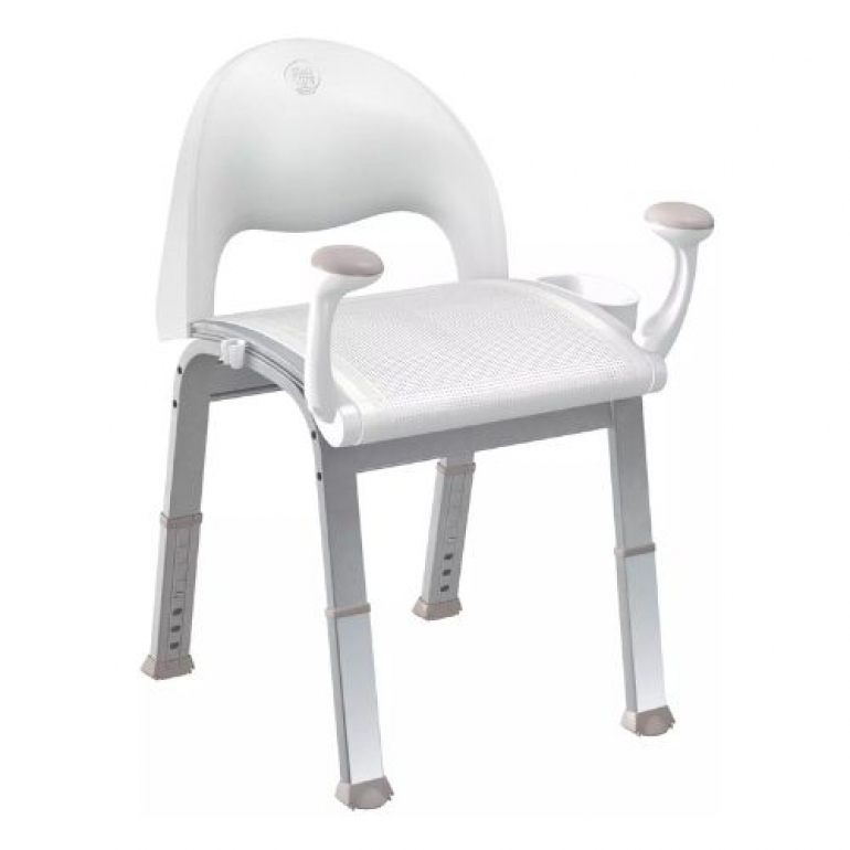 Image of mesh tub and shower seat with a back to it.