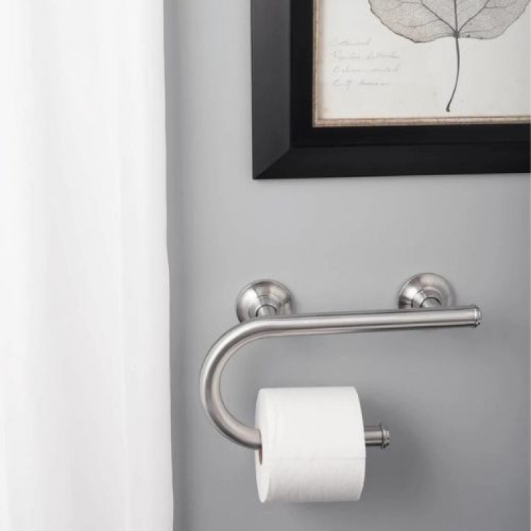 Image of the multi-purpose grab bar with toilet paper holder on a bathroom wall.