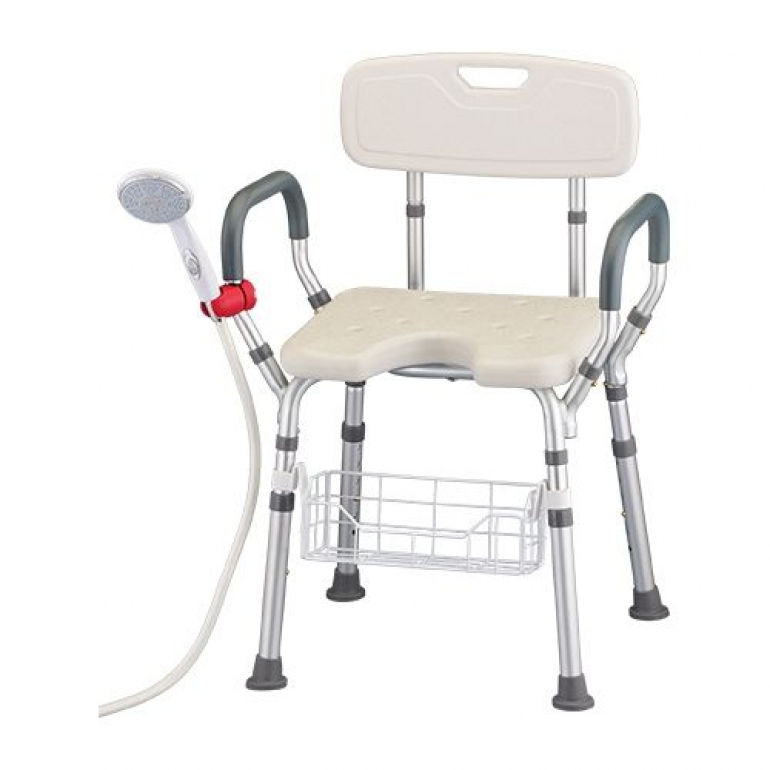 Image of a bath seat with a basket attached to it and shower handle.