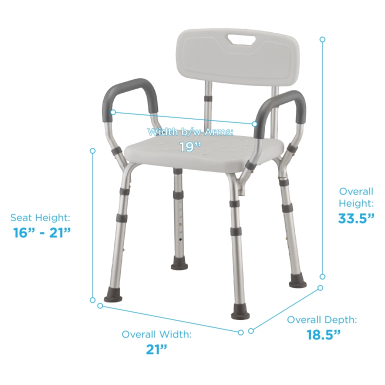 Image of the Nova Bath Seat with Arms and Back dimensions written around it.