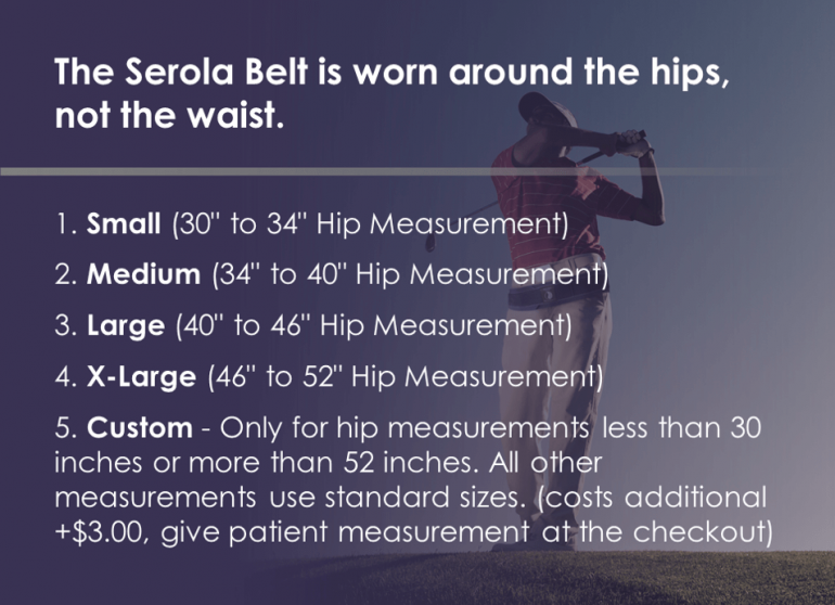 Image of the Serola Sacroiliac Belt sizes on a graphic.