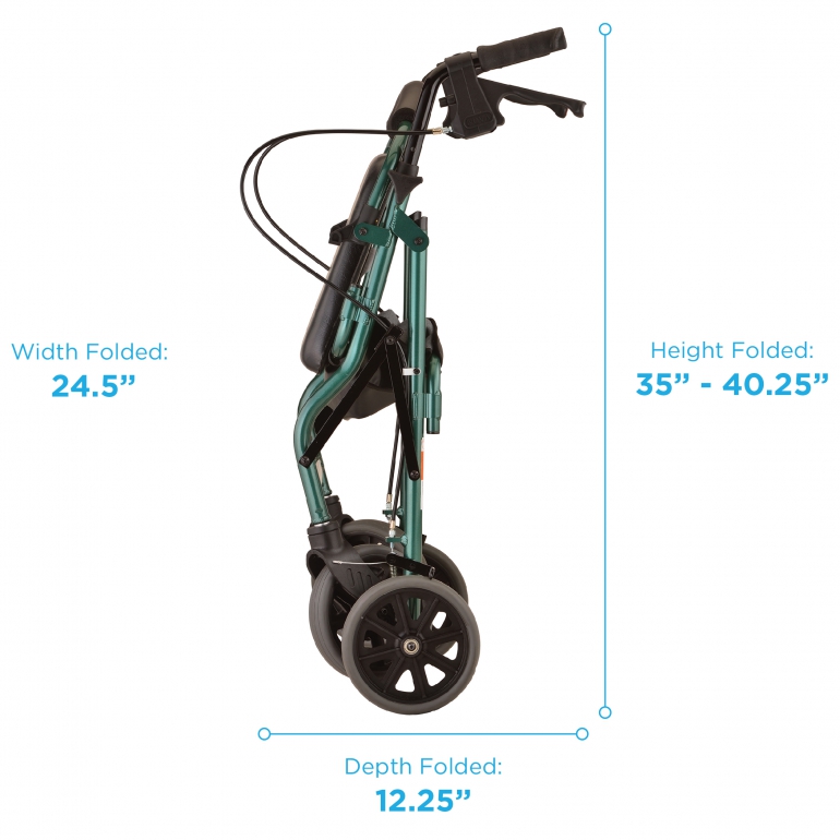 Image of the folded Zoom 20 Rolling Walker with specs on it.