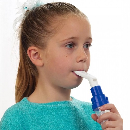 Sidestream Nebulizer Kit-Disposable In Use Image of a girl using the Sidestream Disposable Nebulizer.