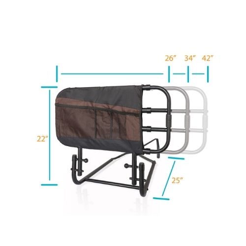 Stander EZ Adjust Bed Rail dimensions listed on graphic.