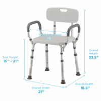 Image of the Nova Bath Seat with Arms and Back dimensions written around it. thumbnail