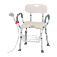 Image of a bath seat with a basket attached to it and shower handle. thumbnail