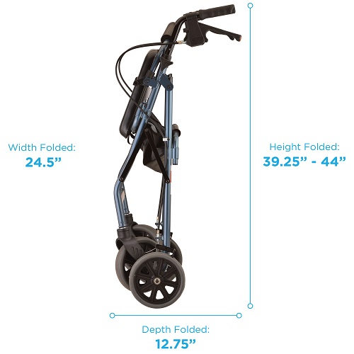 Zoom 24 Rolling Walker Folded Specs Image of the folded Zoom 24 Rolling Walker and its specs.